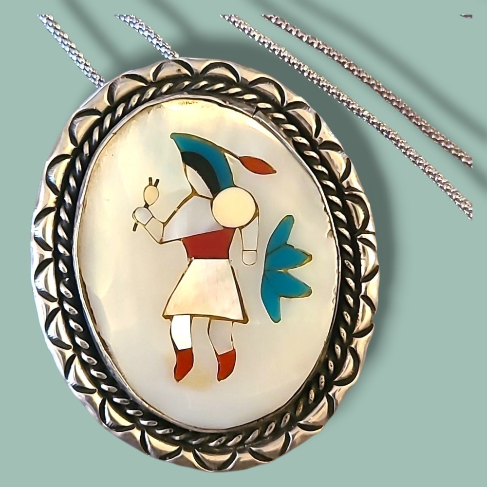 R.B. Begay Navajo Signed Sterling Silver Stone Inlay Kachina Pendant Necklace